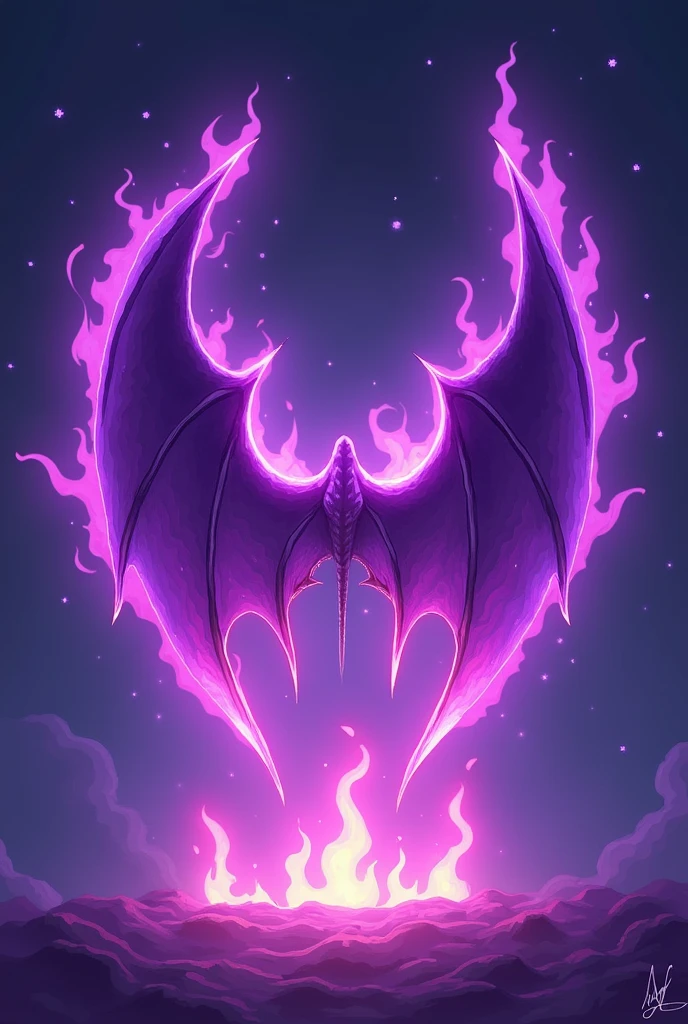 make demon wings with purple flame aura and make the graphics like 2d cartoon , without human just the wings only with plain background