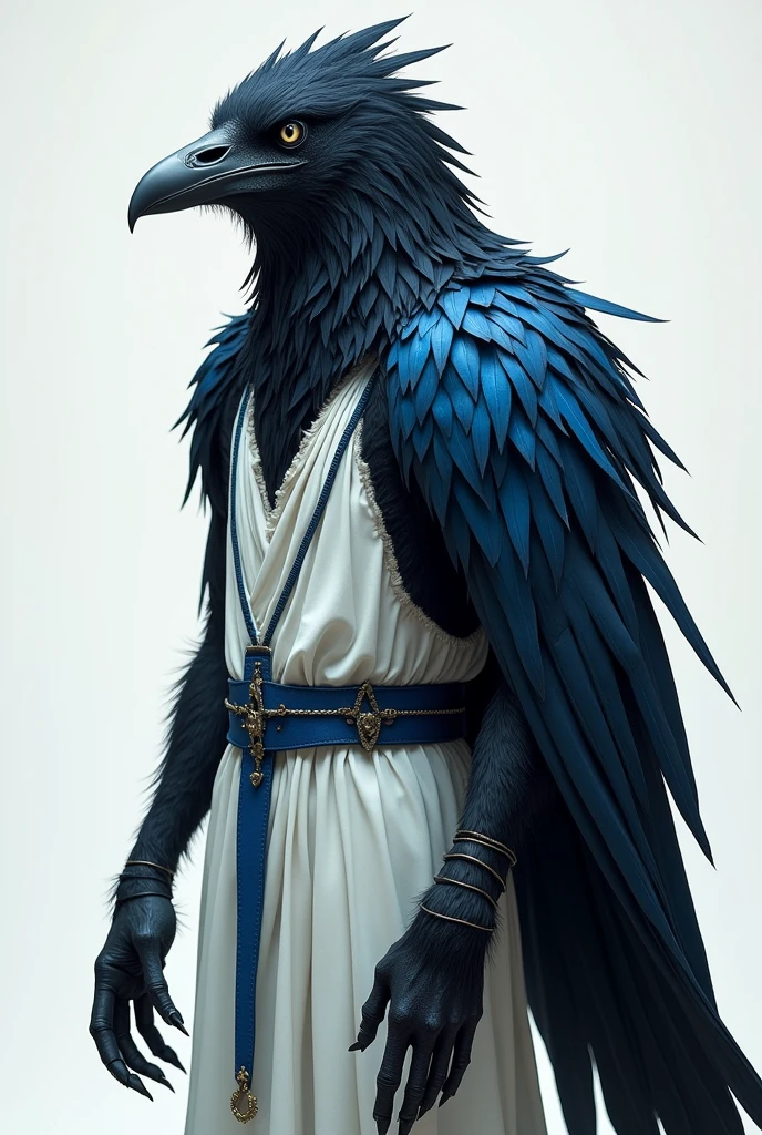humanoid crow with black feathers and dark blue tips, deep blue eyes, whitish beak, having only the left wing in the same color scheme as its feathers, wearing a kind of long white tunic with blue details, sleeveless and hoodless, long claws on his hands and a curious look