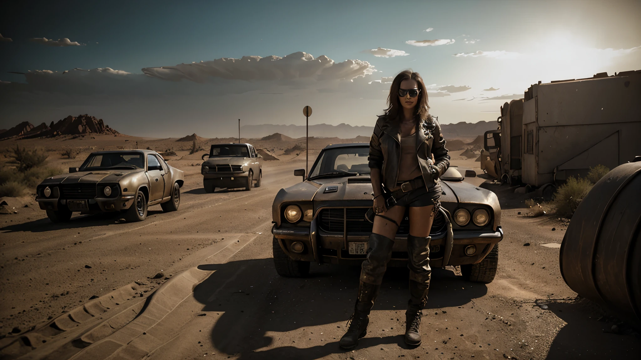 a woman in a post-apocalyptic desert landscape,wearing a leather jacket and goggles,driving a futuristic car,dynamic pose,cinematic lighting,gritty atmosphere,vibrant colors,dramatic shadows,post-apocalyptic,mad max style,highly detailed,masterpiece,photorealistic,8k