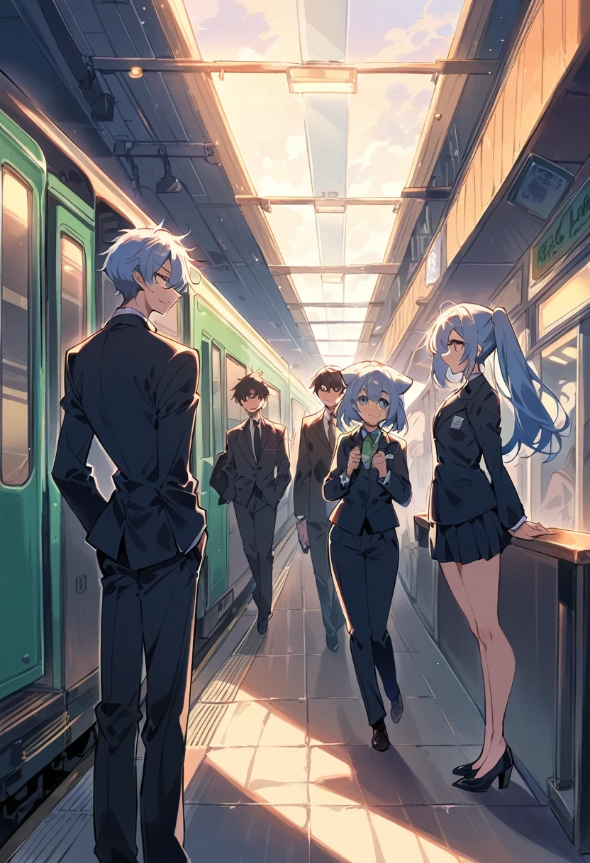 rating_safe, score_9, score_8_up, score_7_up, score_6_up, score_5_up, score_4_up, hires, source_furry(kemono, boy, girl)station, train, station shop, student, salary, suits, evening, perfect anatomy, good lighting, good cinematic shadow, dynamic angle,