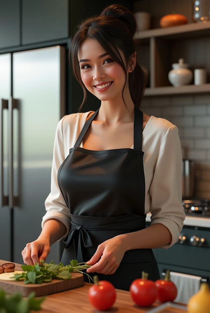 a woman cooking some meal, in kitchen, wearing naked-apron,(naked-apron,black and white apron,modern apron),(hair with bun,Crespo,Bblack hair),medium shot,ssmile,happy face,breasts big, (addressed-),slender figure,realisitic,photorealisitic:1.37, work of art, best qualityer,CG,ultra detailed skin,high-detailed face,highly-detailed eyes,beautiful and delicate,detailed clothing,high resolution photography,professional light,cinematic lighting