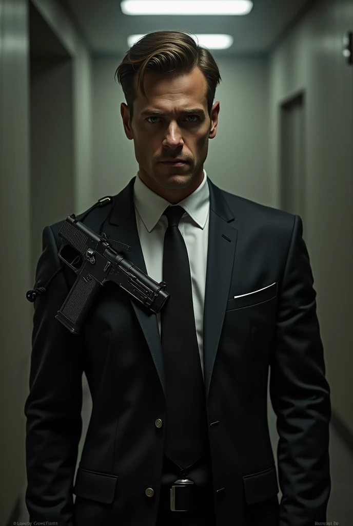 A person with shoulder gun Holster and dressed formaly artistic