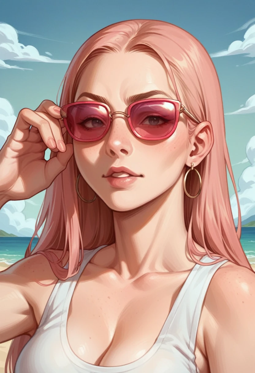 Generate hyper realistic  portrait photograph of a 2 Turkish girl wearing bright pink sunglasses, looking directly at the camera with a playful and confident expression in the seaside of Antalya City.The background is detailed, hinting at a natural outdoor setting.