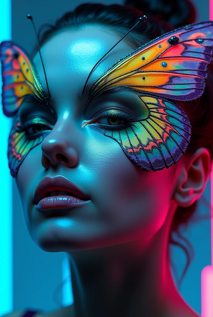 Colorful butterfly makeup , only with makeup , with futuristic design 