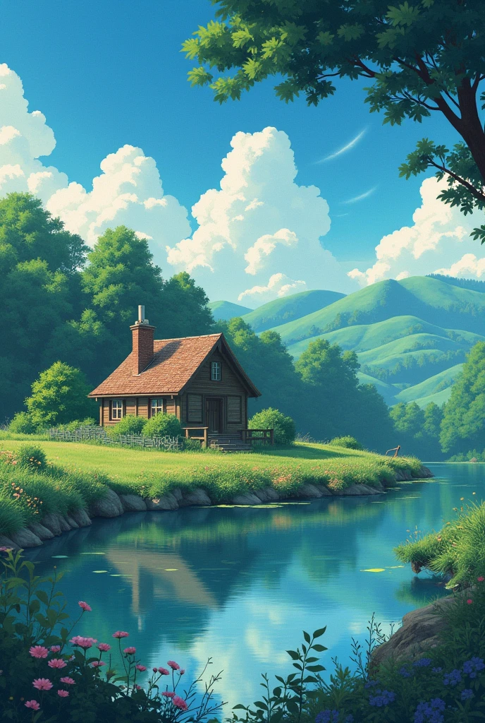 A healing illustration in the style of Makoto Shinkai. Next to the lake there is a pastoral cottage with a fireworks atmosphere.