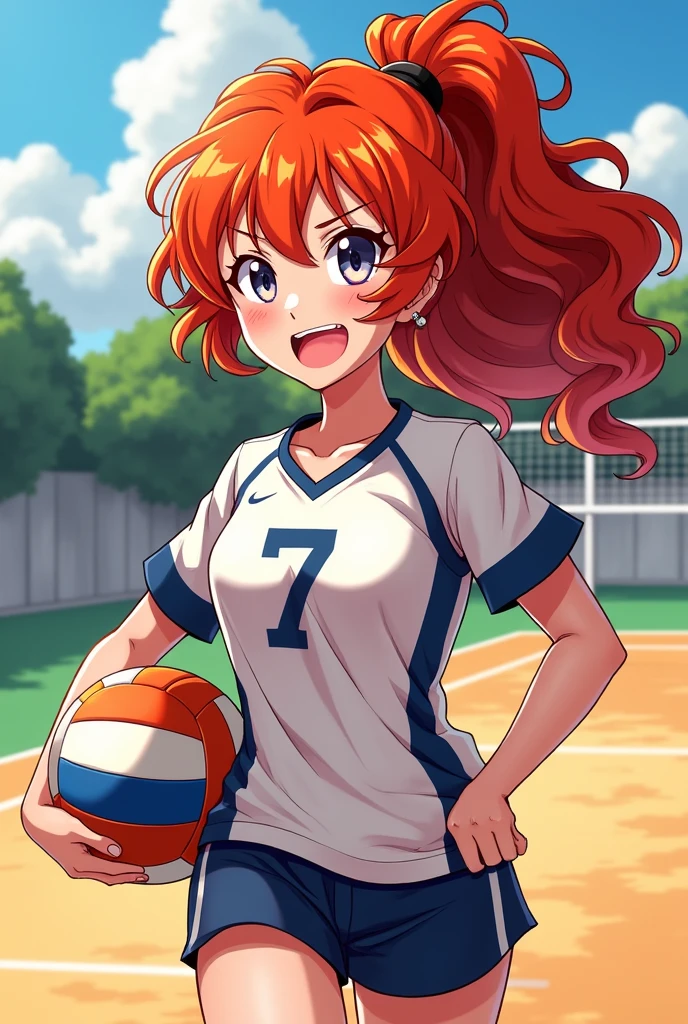 Create a redhead haikyuu oc with Hinata shoyo, and she with the number 7 and with curly hair and a volleyball in her hand and cartoon style