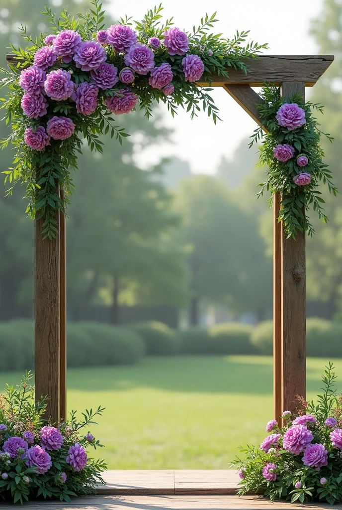 Please create an image of a wide, straight wooden bridal arch set outdoors. I want the upper corners of the arch to be fully covered with symmetrical arrangements of purple carnations and small green leaves, so that the wood in those corners is completely hidden. The rest of the arch should remain simple and unadorned, with a natural outdoor setting in the background."