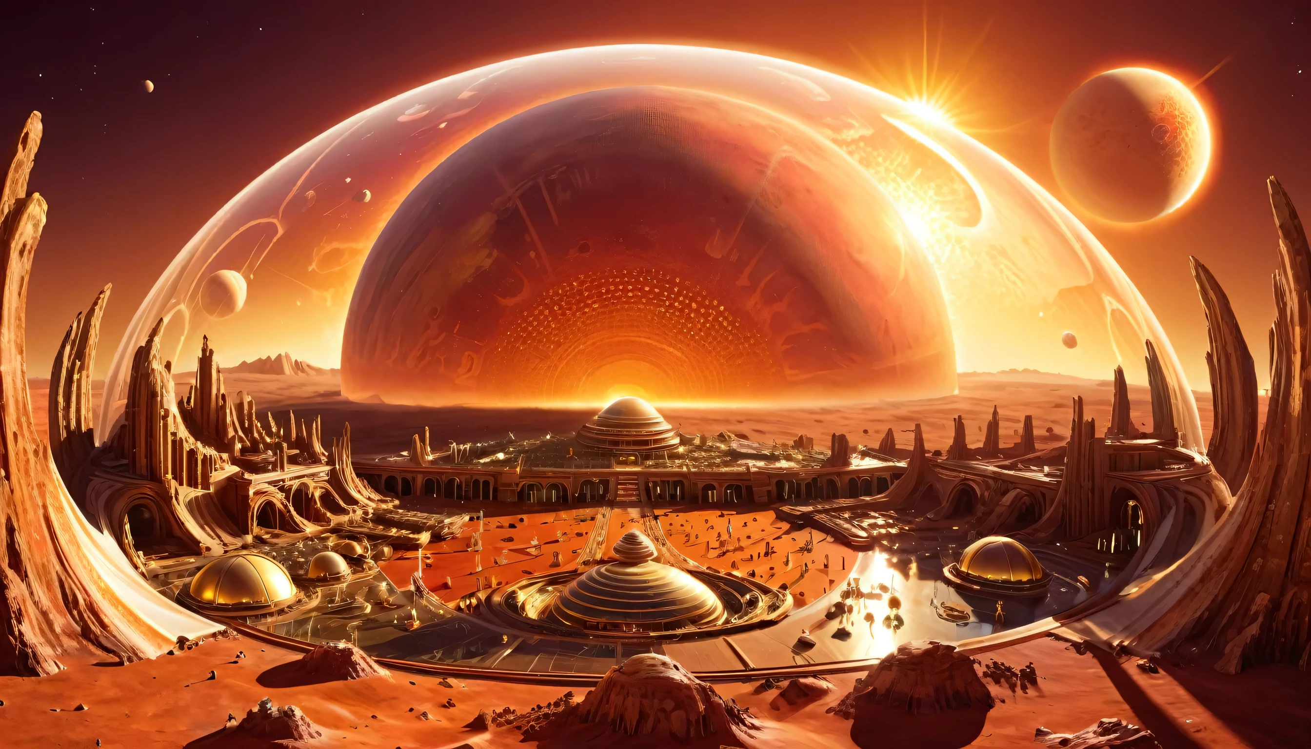 create an image of a big, huge space port on the surface of a red planet, where the space ships have landed, and the sun is far far away, there is no air on this planet, everything is built inside a big dome that shine in gold and glass.