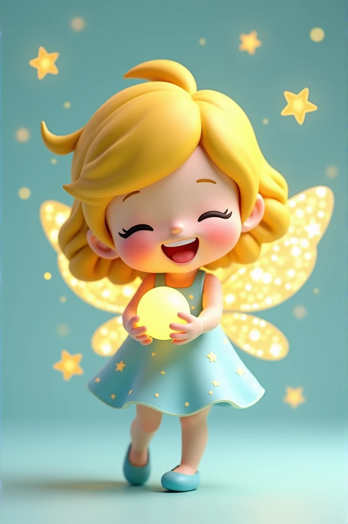 C4D model, a chibi-style fairy version of Joy, with bright yellow hair styled in a bob cut, wearing a light blue dress covered in yellow stars. She has shimmering golden wings that sparkle, and she holds a tiny, glowing orb of happiness. Her shoes are light blue flats, and her expression is always full of enthusiasm and positivity.