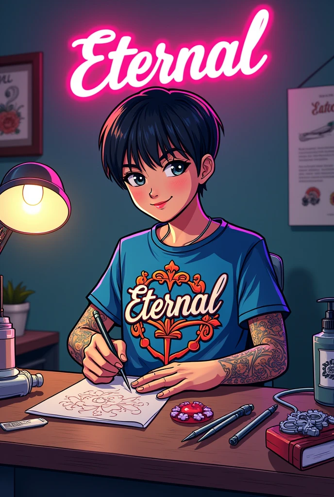 Tattoo Studio name is Eternal, Tattoo Artic name is Zan,Tattoo Studio room background in studio name and artic name, Cartoon tattoos studio , tattoos accessories , tattoos artic is boy, Artic name is Zan, hair is short and black,tattoos accessories , Eternal shart, Eternal Tattoo Studio in background, tattoos artic Zan