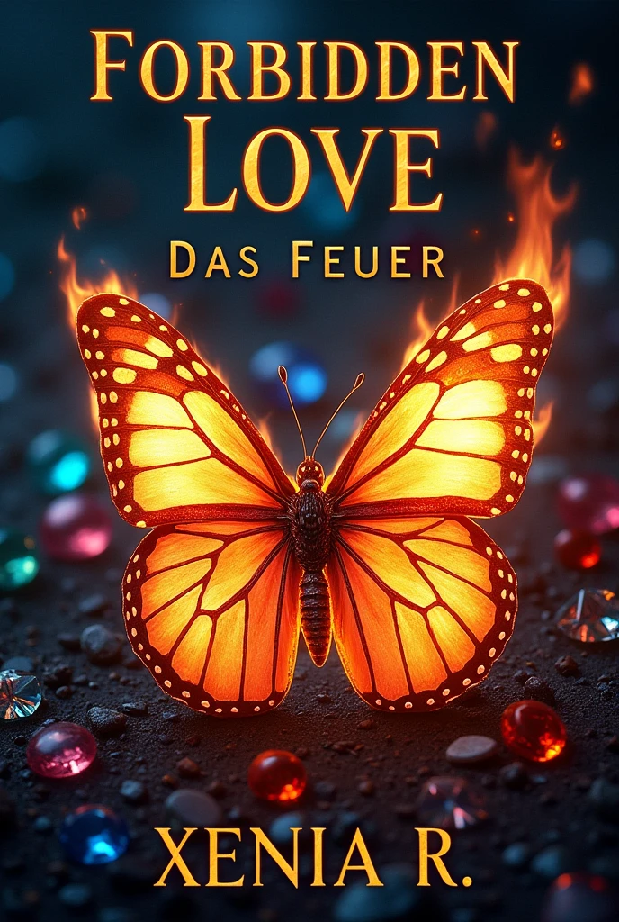 create a cover in the middle is a butterfly that is burning and in the background are jewels. At the top it says "Forbidden love das Feuer" in large letters and at the bottom it says "Xenia R" in small letters.