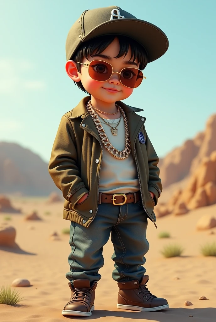 A tycoon style child in designer clothes diamond chain and cap in an open place