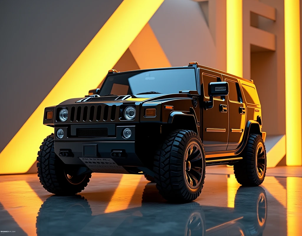 A Hummer with a black body and mounted lens displayed on the mirror surface of an abstract geometric structure in a hightech style, surrounded by yellow light strips, reflection photography, hyper quality, bright background, advertising photography, advertising poster, high resolution, hyperrealistic rendering, large perspective