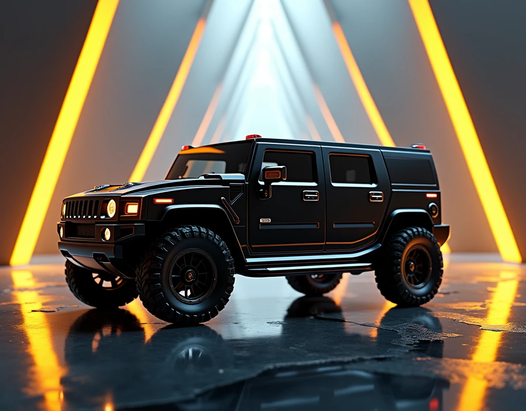 A Hummer with a black body and mounted lens displayed on the mirror surface of an abstract geometric structure in a hightech style, surrounded by yellow light strips, reflection photography, hyper quality, bright background, advertising photography, advertising poster, high resolution, hyperrealistic rendering, large perspective