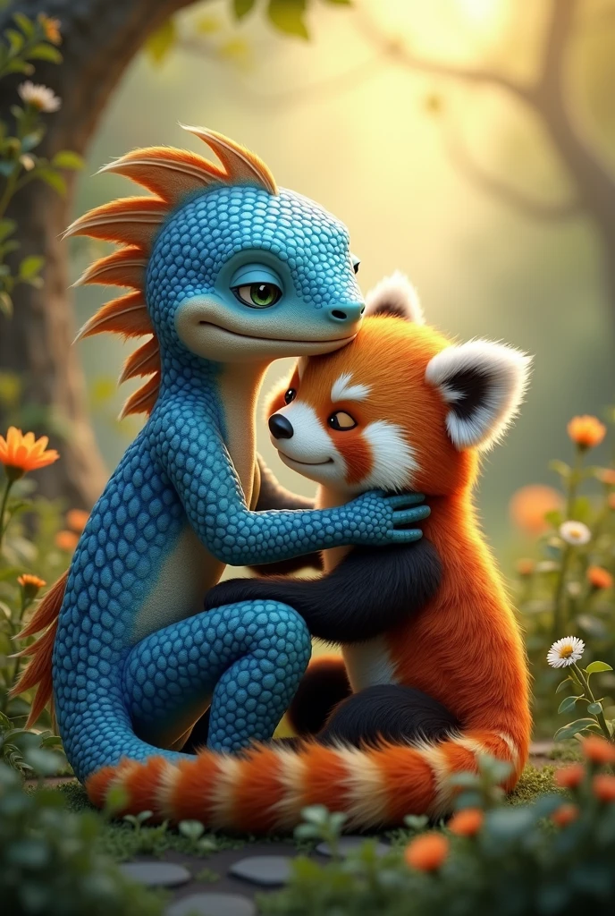 Blue male lizard and female red panda cuddle