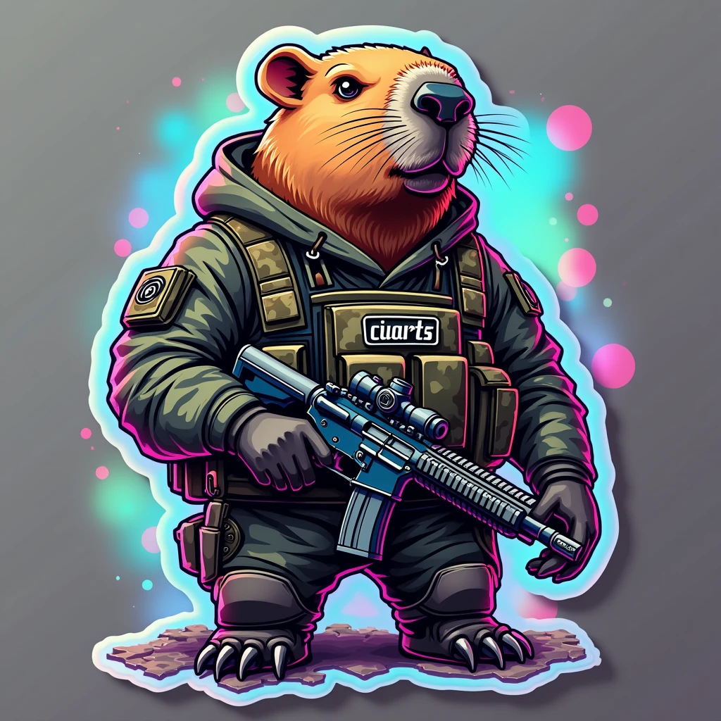 A (holographic sticker) featuring a capybara beast in
CS:GO costumes, inspired by Brock Hofer's style. with a Text: 'PivArts'