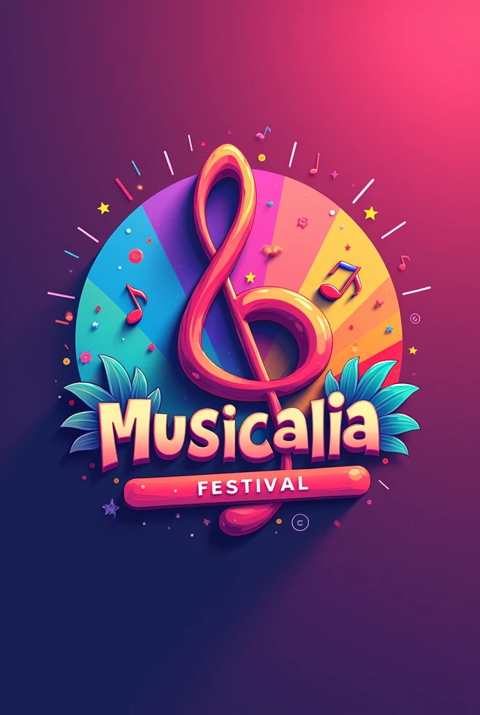 a logo for a music festival called "MUSICALIA" using bright colors that brings joy and happiness