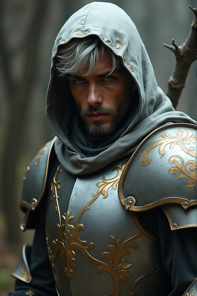Mysterious and disheveled looking young gentleman, with large and wide armor, silver with gold flourishes, covered with a layer, head covered with hood, short beard, brown skin, medium short silver hair, illuminated white eyes, It rests on a stick that looks like a branch