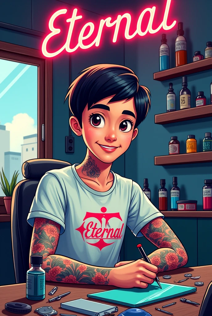 Tattoo Studio name is Eternal, Tattoo Artic name is Zan,Tattoo Studio room background in studio name and artic name, Cartoon tattoos studio , tattoos accessories , tattoos artic is boy, Artic name is Zan, hair is short and black,tattoos accessories , Eternal shart, Eternal Tattoo Studio in background, tattoos artic Zan