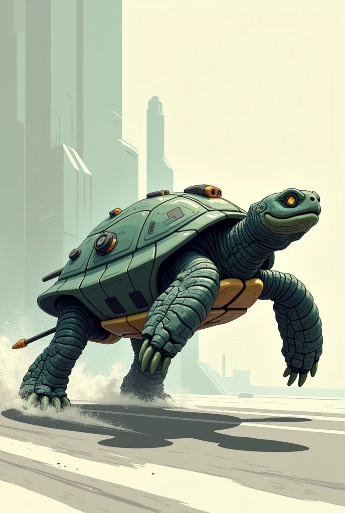 Create an illustration of a fast, technological turtle with equipment that makes it fast. The expression is determined and the illustration style is vectorial.