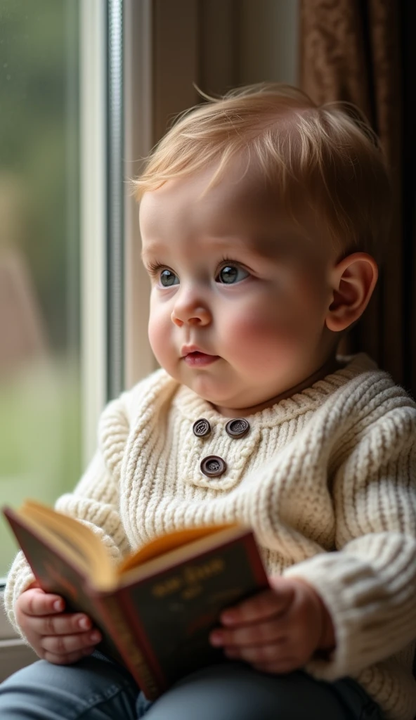 Create an extra realistic image of an 18-month-old boy named Jules with big, thoughtful eyes and long lashes, smiling softly. He has soft, round cheeks and is dressed in a cozy knit sweater. The photo captures him sitting by a window, holding a small book, with soft natural light streaming in. The image is taken with a macro lens (100mm f/2.8) to focus closely on his contemplative expression and the details of the book, with a shallow depth of field to blur the background softly. A slight zoom is applied to bring attention to his calm and reflective nature. Ensure that his hands are visible with exactly five fingers. Negative prompt: No additional fingers, out of frame, lowres, text, error, cropped, worst quality, low quality, jpeg artifacts, ugly, duplicate, morbid, mutilated, out of frame, extra fingers, mutated hands, poorly drawn hands, poorly drawn face, mutation, deformed, blurry, dehydrated, bad anatomy, bad proportions, extra limbs, cloned face, disfigured, gross proportions, malformed limbs, missing arms, missing legs, extra arms, extra legs, fused fingers, too many fingers, long neck, username, watermark, signature.
