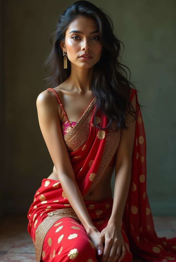 Indian lady with hands up in the air in traditional sleeveless blouse saree showing slim armpits in sexy pose with thighs open in sitting position