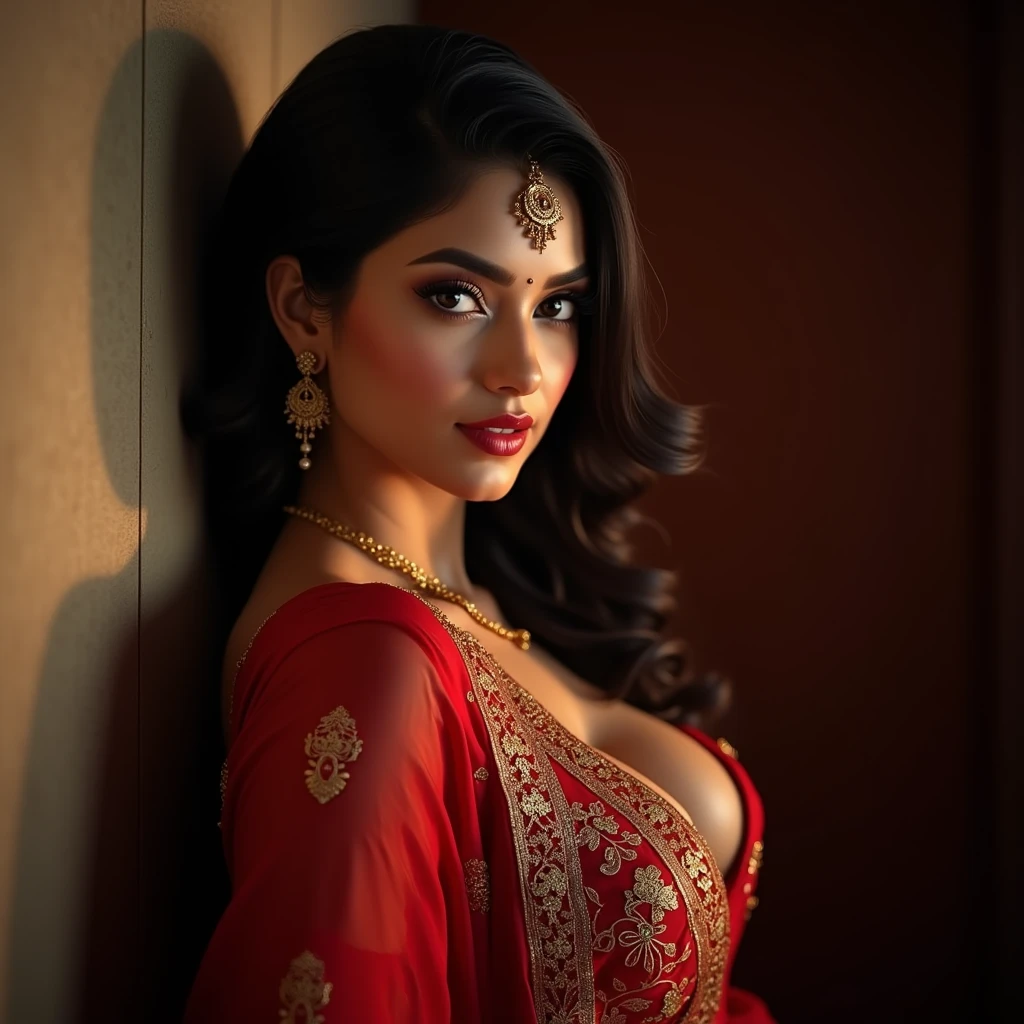 beautiful detailed eyes, beautiful detailed lips, extremely detailed eyes and face, long eyelashes, 1 beautiful Bangladeshi Muslim woman, traditional Bangladeshi Bengali dress, seductive expression, busty, big breasted, hyper realistic, 8k, high resolution, masterpiece, photorealistic, professional photography, dramatic lighting, vivid colors, warm color tone