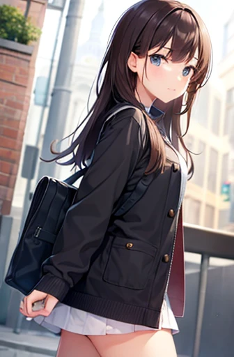 A  girl walking around wearing a cute hot clotes, dark brown hair