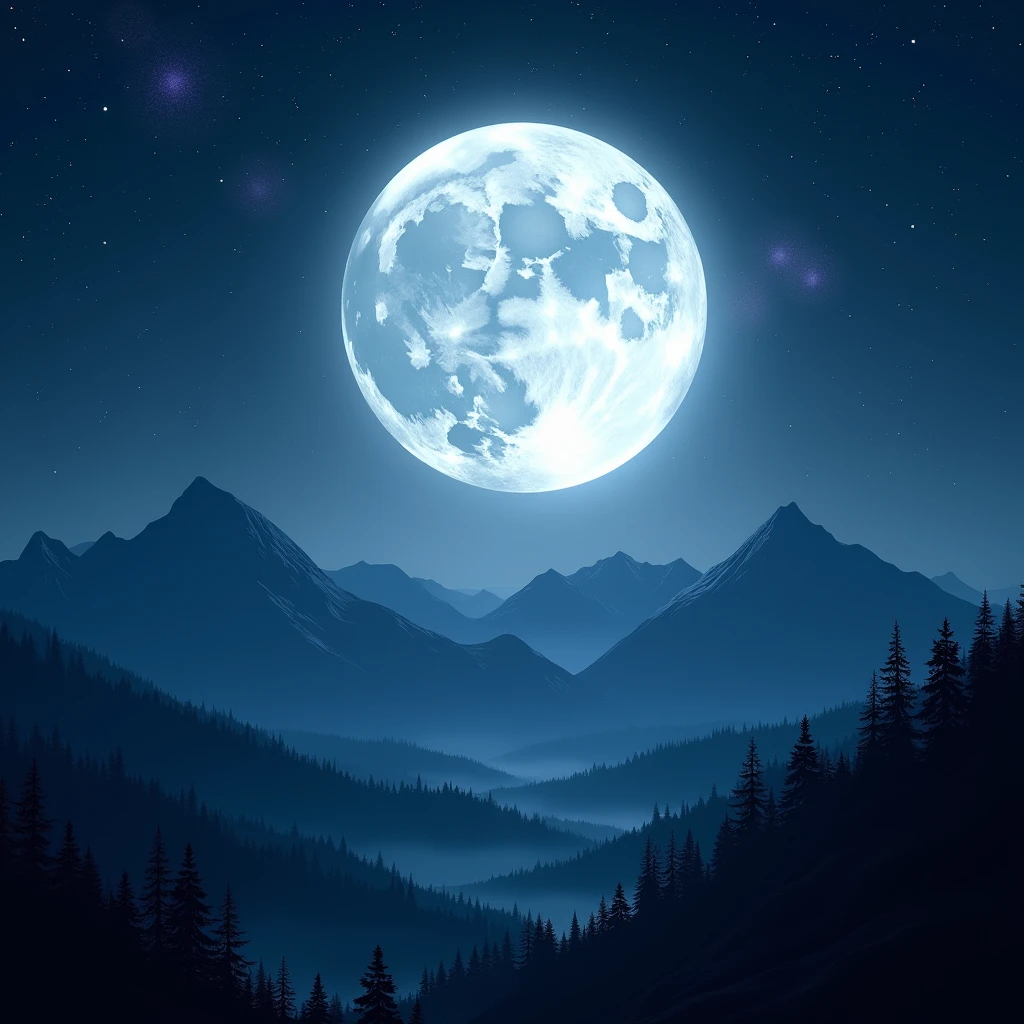 SKY at night, with the full, white moon in the center of the image, a mountain range below, darkened by shadow and full of forest, full of brightly lit stars in white in the sky