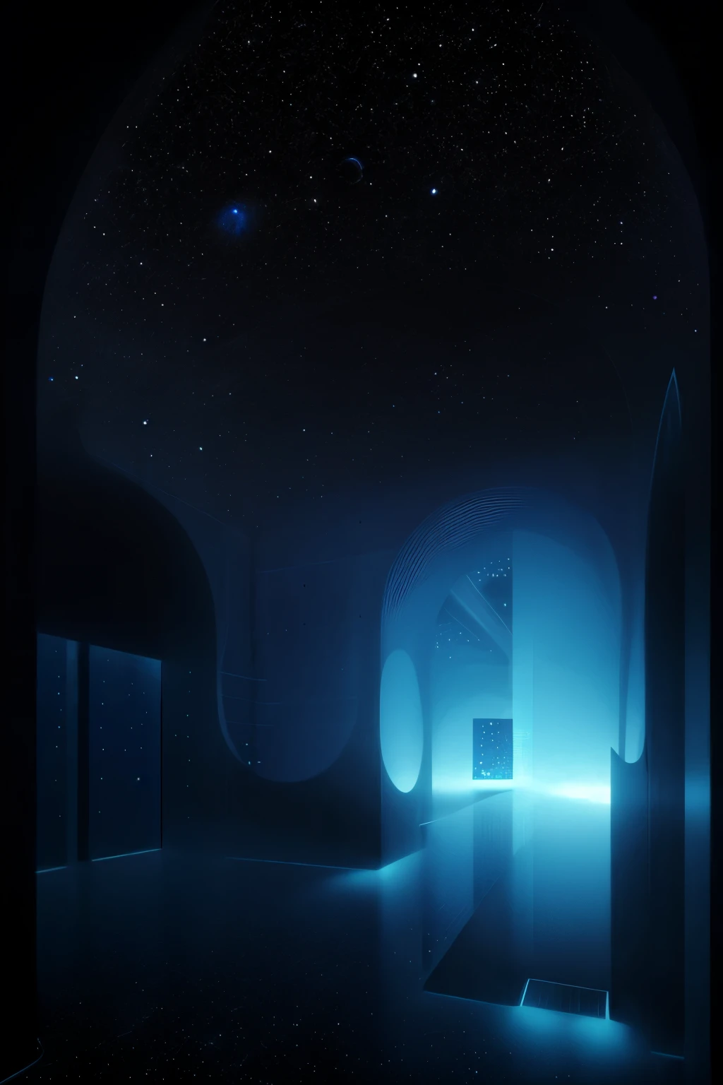 minimalistic style, futuristic details, space with stars on background