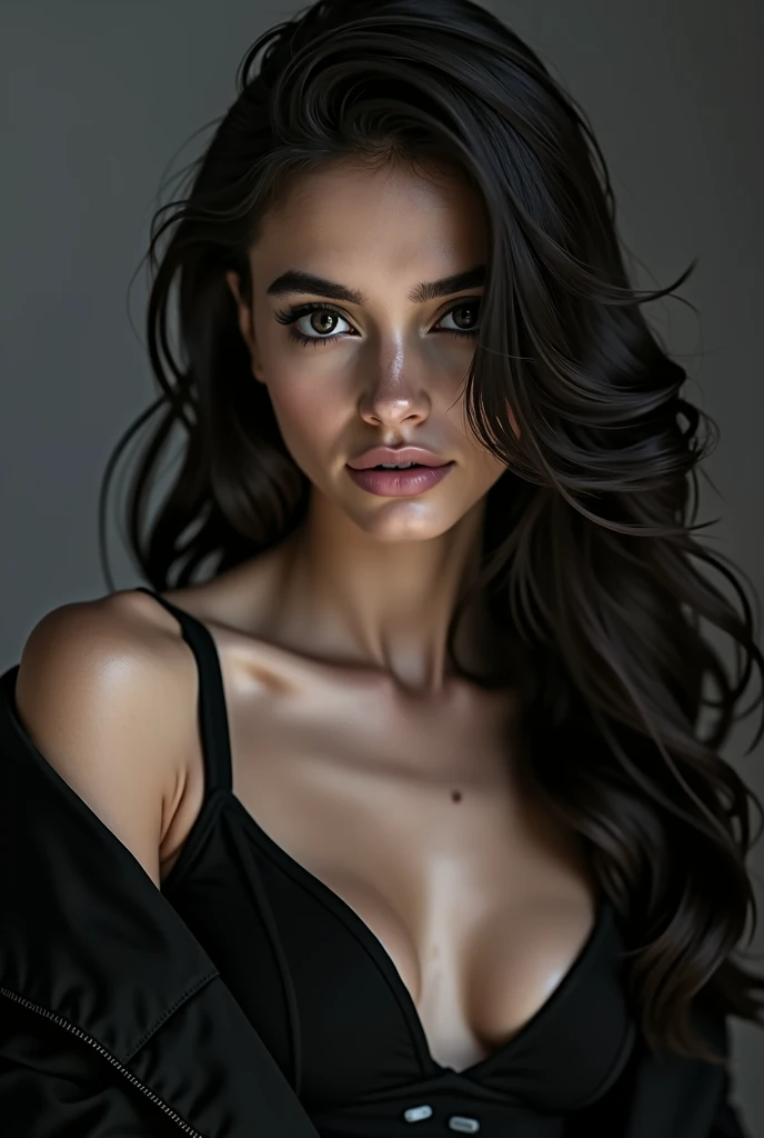 photographie d&#39;a 20 yo woman, visage parfait, head of&#39;artwork, Great, underwear, noir_Great, jacket, noir_culotte
