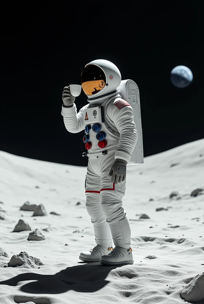 An astronaut in a moon while holding coffee