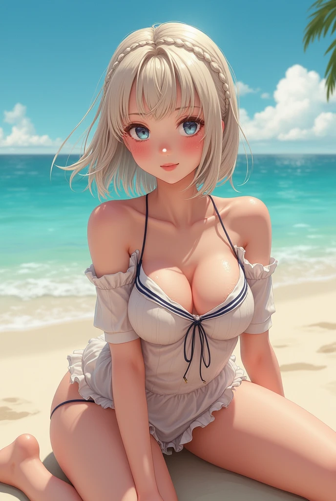 Highest quality、High resolution、Detailed Background、Realistic、RAW Photos、(Beautiful face in every detail:1.4)、Anatomically correct、(Normal number of fingers:1.2)、(Highly detailed face:1.4)、(Detailed eyes)、age beauty、Perfect body line、(Huge breasts:1.2)、Light color hair、ponytail、Braided bob cut、Braided long hair、Wavy Hairstyle、well-groomed eyebrows、cute仕草、Jokingly、Sleeveless white sailor suit、White sailor collar、Pleated andy beach in clear weather、barefoot、Blushing、My clothes are wet and transparent、Show your side、(Underboob:1.2)、(Panty shot:1.2)、
(Beautiful girl lying on the beach:1.5)、cute