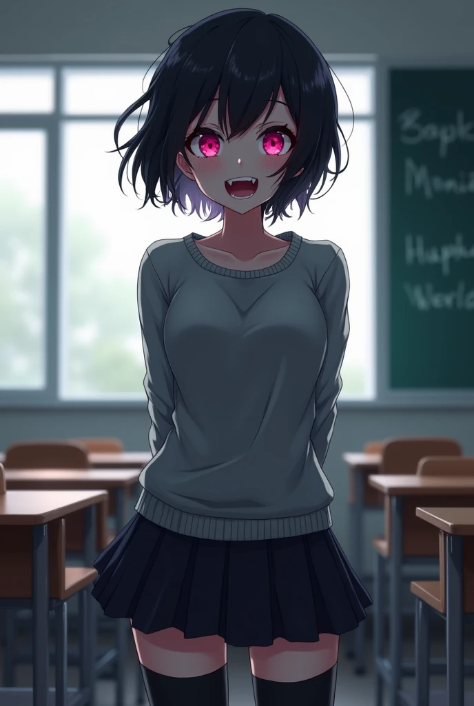 ((Masterpiece)), ((Highress)), ((Ultra HD)), (Anime-style), (One girl), (Standing), (Yandere), (Short and messy hair), (Black hair), (Eye bags under eyes), (Unsettling smile), (Showing fangs), (Wide eye), (Small pupil), (Small iris), (Pink eyes), (Gray sweater), (Short black skirt), (Both hands behind back), (Black thigh highs), (Classroom background)