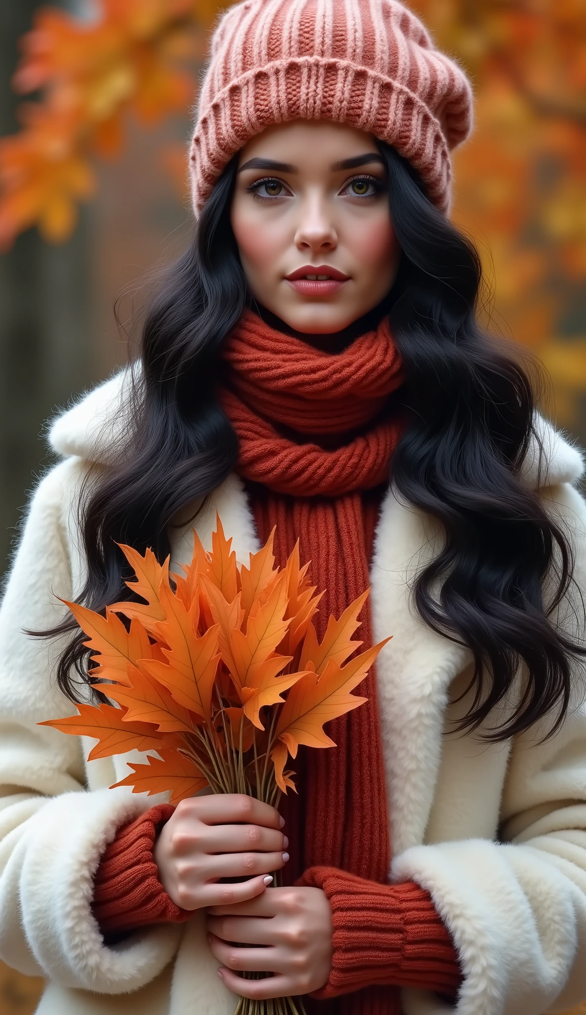 beautiful autumn woman, 

full body, 

long black curls, 

in white and red wool, woolcap

scarf, 

jacket, 

a coat and Rhinestones leaves in hand ultra hd, 

realistic, 

vivid colors