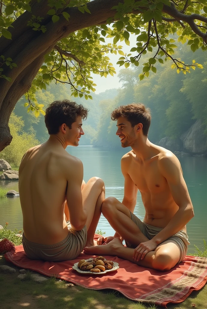 2 beautiful young, barefoot, shirtless, smiling, men a sitting under a tree having a picnic by the river, rococo painting by Francois Boucher, dramatic lighting, interesting details, very detailed and realistic faces, looking away from the viewer, cinematic lighting, full portrait full of intricate and ornate details. Decorative very ornate realistic background, soft pastel colors, art by Norman Rockwell and Alphonse Mucha, fairytale, uncanny, dreamlike, in the style of adrian ghenie, esao andrews, jenny saville, edward hopper, surrealism, dark art by james jean, takato yamamoto, inkpunk minimalism, Miki Asai Macro photography, close-up, hyper detailed, trending on artstation, sharp focus, studio photo, intricate details, highly detailed, by greg rutkowski
