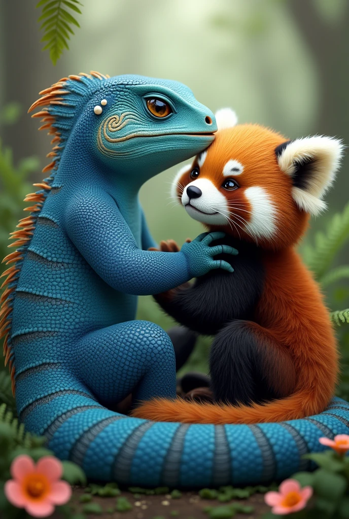 Blue male lizard and female red panda love each other