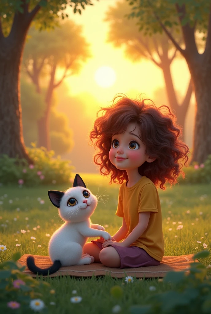 I want a lively style A 20 year old girl with curly hair sitting in a park watching the sunset with a white cat with black ears next to her