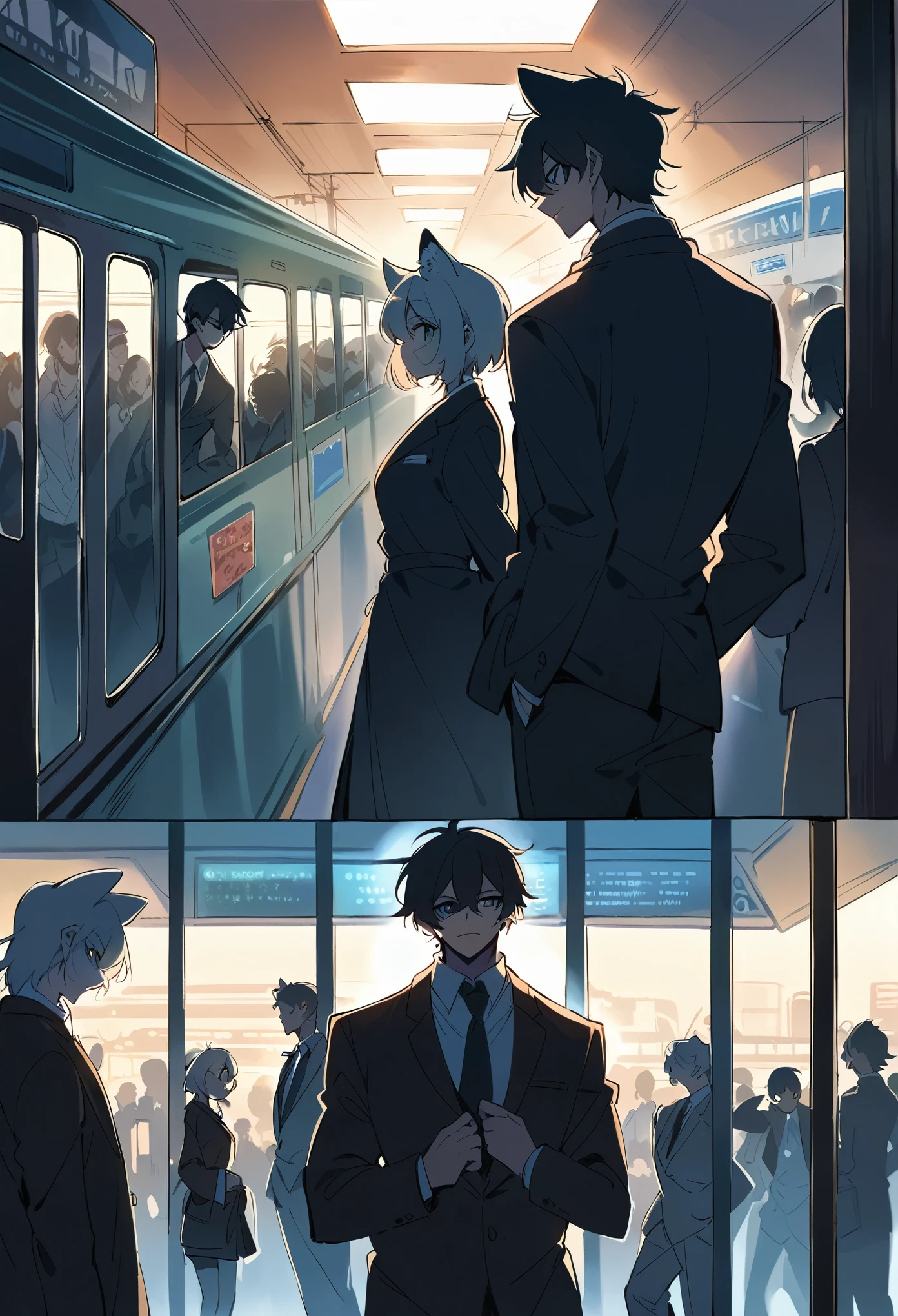 rating_safe, score_9, score_8_up, score_7_up, score_6_up, score_5_up, score_4_up, hires, source_furry(kemono, boy, girl)station, train, station shop, student, salary, suits, evening, perfect anatomy, good lighting, good cinematic shadow, dynamic angle,