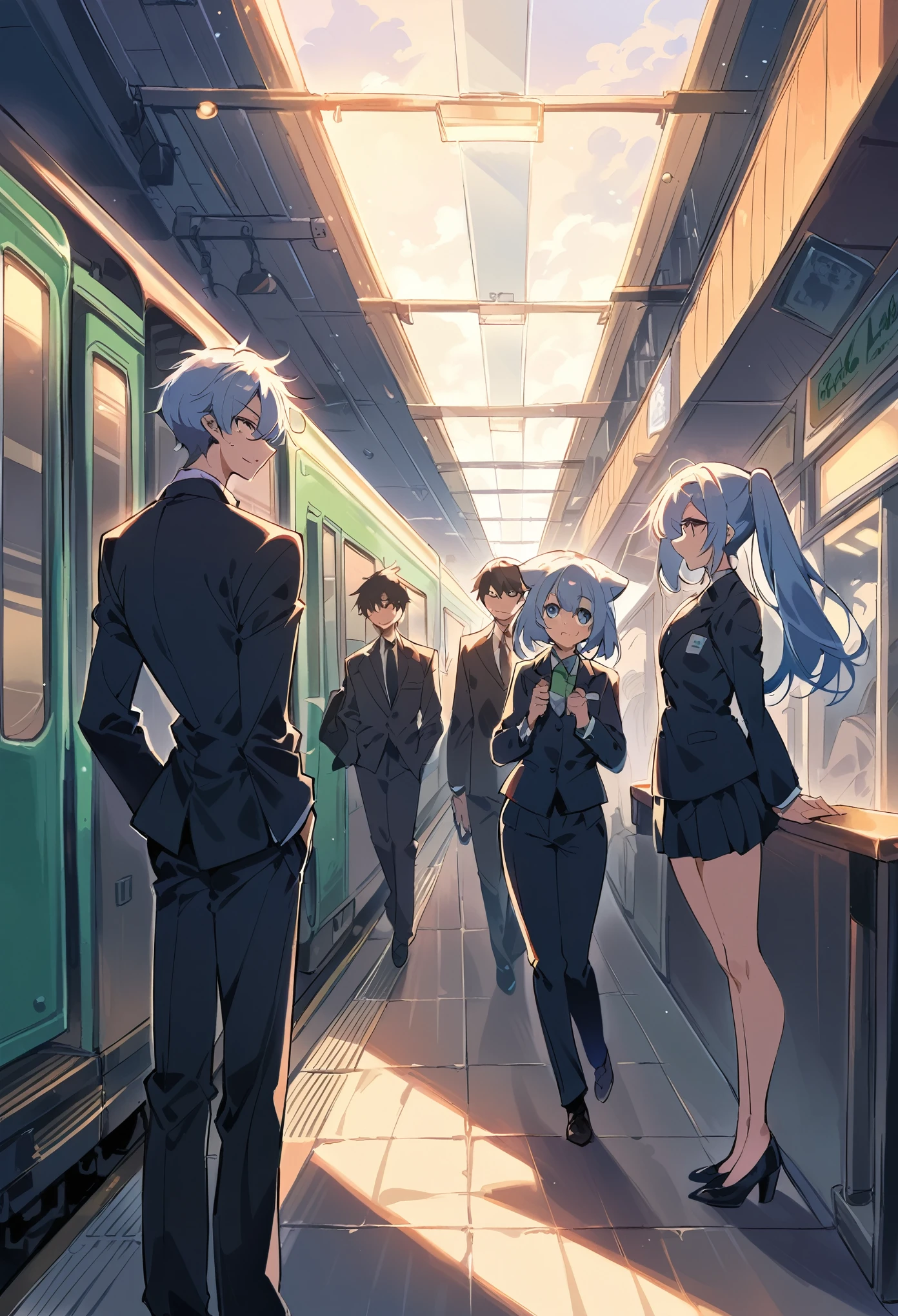 rating_safe, score_9, score_8_up, score_7_up, score_6_up, score_5_up, score_4_up, hires, source_furry(kemono, boy, girl)station, train, station shop, student, salary, suits, evening, perfect anatomy, good lighting, good cinematic shadow, dynamic angle,