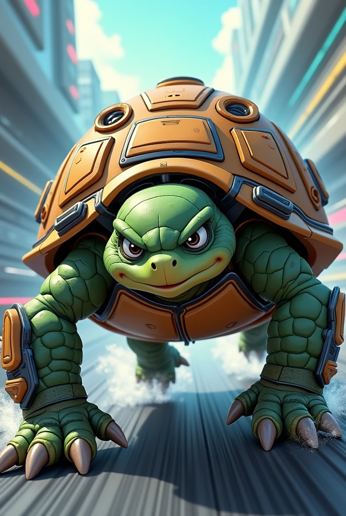 Create an illustration of a fast, technological turtle with equipment that makes it fast. The expression is determined and the illustration style is cartoon