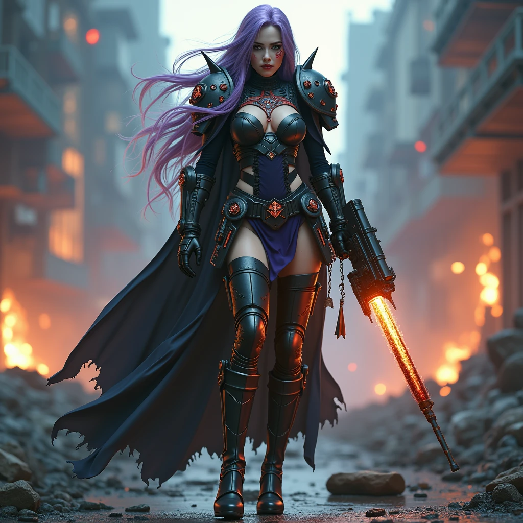 Full body pose sexy sisters of battle from the warhammer 40k, wounded in war, blood covered, shooting at the enemy, red space marine armor with intricate details, white space marine armor with intricate details, symbols on the armor, sisters of battle, warhammer 40k, Massive exposed silicone breast, pale skin, seductive, temptation, eat your soul, clevage, long white flowing hair, long black flowing hair with purple highlights, heavy gothic makeup, at night, neon, beautiful detailed eyes, beautiful detailed lips, extremely detailed eyes and face, long eyelashes, highly detailed space marine armor, intricate futuristic laser weaponry, dramatic lighting, cinematic composition, muted color palette, gritty and realistic, mecha, science fiction, hyper-detailed, photorealistic, award winning digital art, 8k, HDR, masters work, in the middle of a battle field, explosions and fire around, full war, stunning, cinematic, shooting at the enemy
