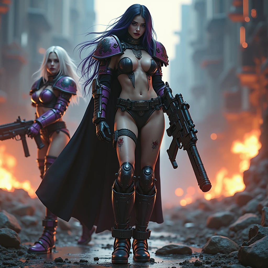 Full body pose sexy sisters of battle from the warhammer 40k, wounded in war, blood covered, shooting at the enemy, red space marine armor with intricate details, white space marine armor with intricate details, symbols on the armor, sisters of battle, warhammer 40k, Massive exposed silicone breast, pale skin, seductive, temptation, eat your soul, clevage, long white flowing hair, long black flowing hair with purple highlights, heavy gothic makeup, at night, neon, beautiful detailed eyes, beautiful detailed lips, extremely detailed eyes and face, long eyelashes, highly detailed space marine armor, intricate futuristic laser weaponry, dramatic lighting, cinematic composition, muted color palette, gritty and realistic, mecha, science fiction, hyper-detailed, photorealistic, award winning digital art, 8k, HDR, masters work, in the middle of a battle field, explosions and fire around, full war, stunning, cinematic, shooting at the enemy