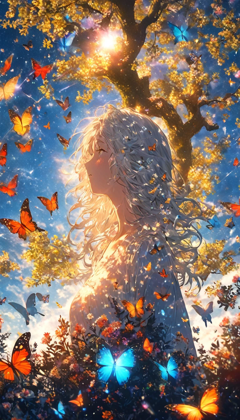 masterpiece, 1 man, looking up at the sky), (Many butterflies flying in the sky), Beautiful sky, summer，Colorful flowers are blooming everywhere, Mysterious and dreamy ,Giant Tree，quality\(8K,CG wallpaper, masterpiece,High resolution,top-quality,Surrealism,Increased resolution,RAW Photos,Best quality,Very detailed,Light,Ray Tracing,Golden Ratio) solid circle eyes, silver hair, half-closed eyes, sad, drop shadow, anaglyph, stereogram, tachi-e, atmospheric perspective, wide shot, reflection light, 8K, super detail, best quality, anatomically correct