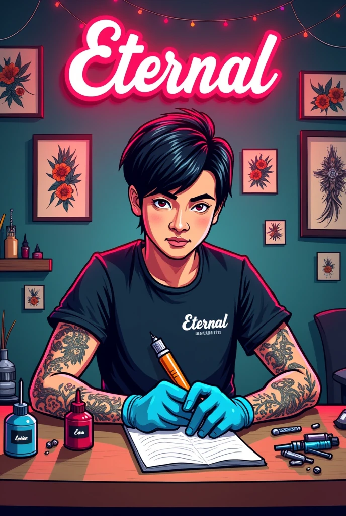 Tattoo Studio name is Eternal, Tattoo Artic name is Zan,Tattoo Studio room background in studio name and artic name, Cartoon tattoos studio , tattoos accessories , tattoos artic is boy, Artic name is Zan, hair is short and black,tattoos accessories , Eternal shart, Eternal Tattoo Studio in background, tattoos artic Zan