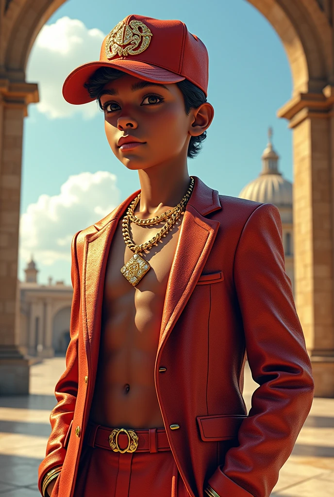 A tycoon style ??? with a diamond chain boss set and cap in an open place 