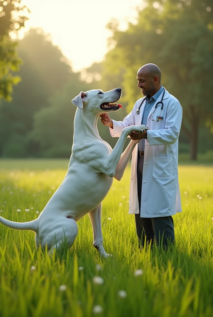 Adult male white Great Dane playing on grass with a Malagasy doctor with a ball