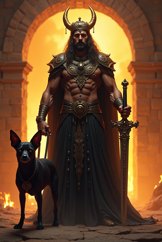 (photorealism:1.2), built up hades, dark golden skin wearing a black and gold crown, gateway of the greek underworld, hard lighting, fire and lava in background, holding a big sword in one hand, and on the toher hand holding a giant three-headed chihuahua from hell with a strong leash, steady pose, realistic, intricate details, warm colors