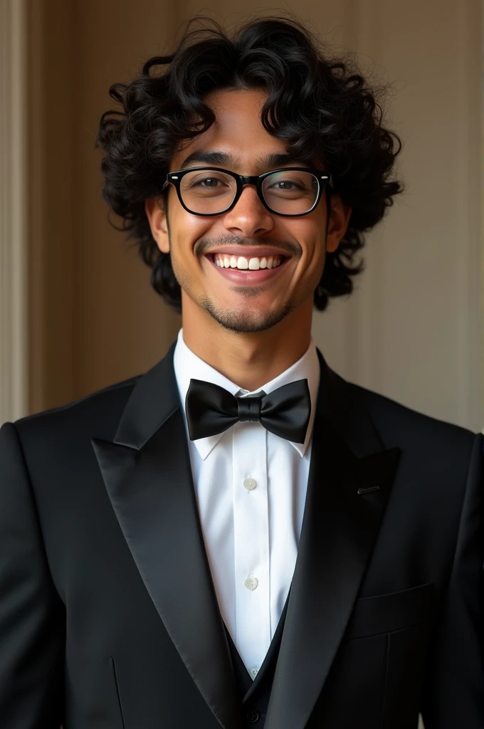 Mexican boy of 20 years old with dark skin, curly hair, a little short, with black glasses, a little thin and with a black tuxedo, smiling and with dimples in his cheeks