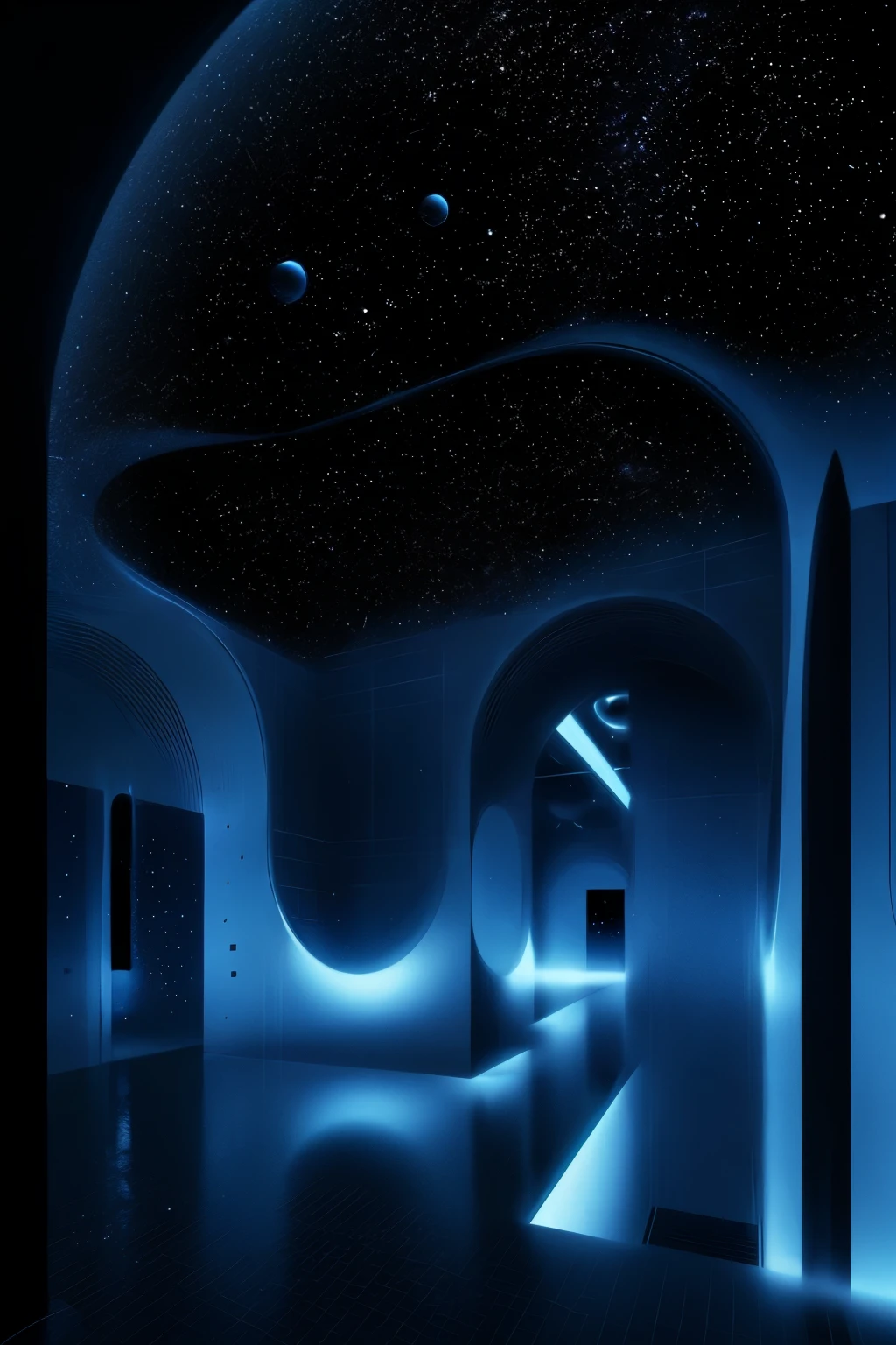 minimalistic style, futuristic details, space with stars on background